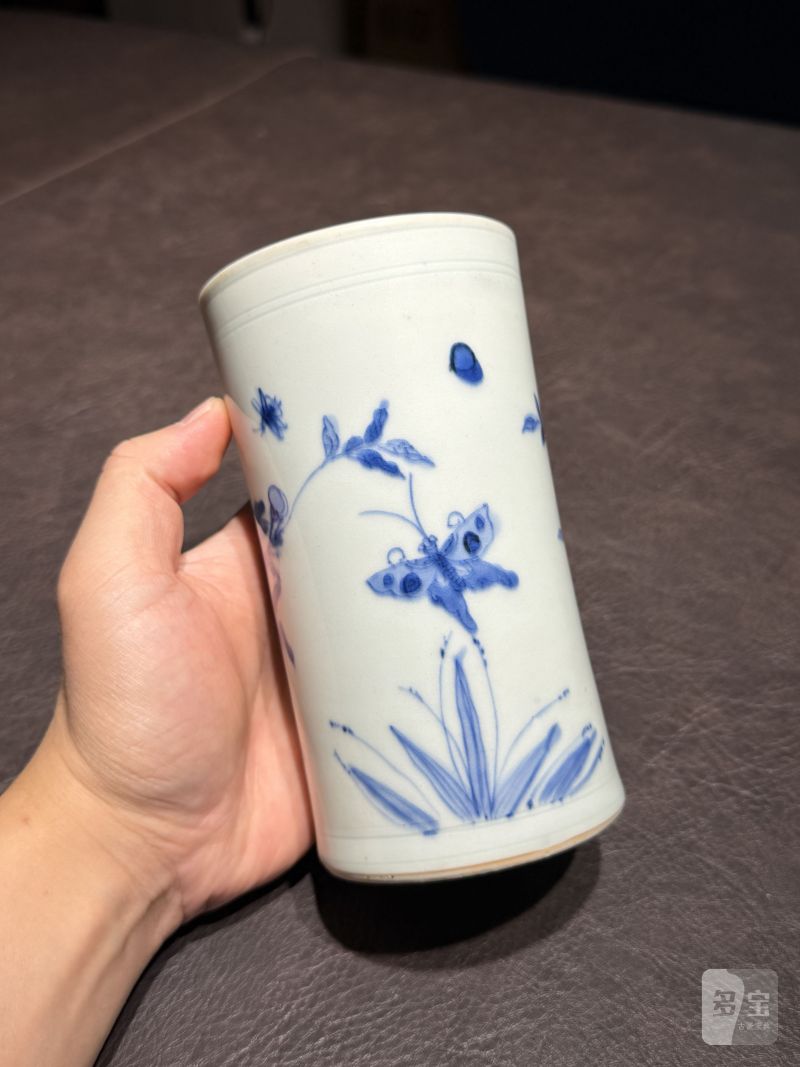 明崇祯 青花花鸟图笔筒 - 图6